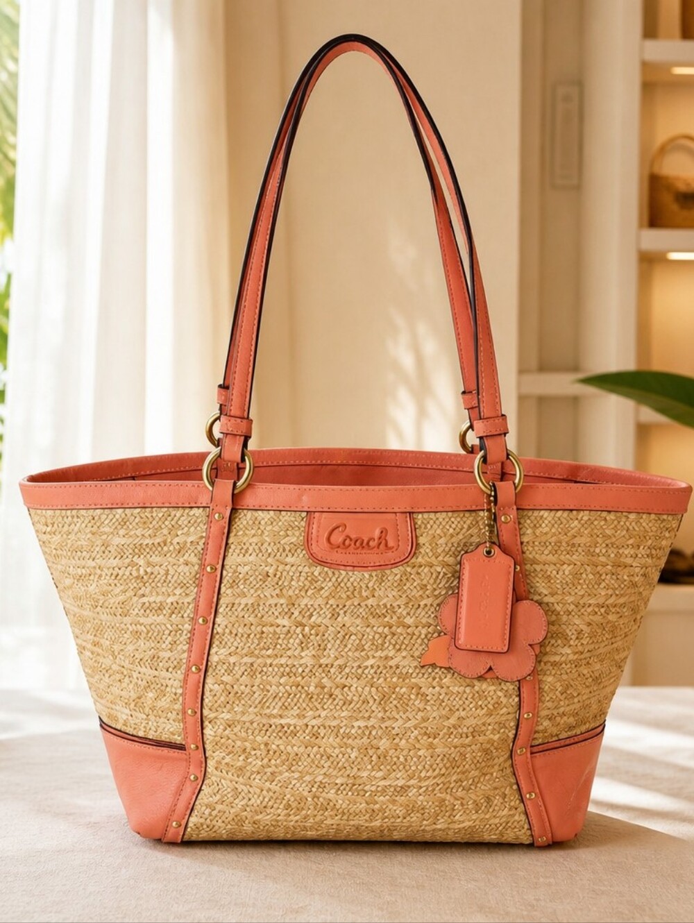 Coach Straw Tote with Coral Leather Trim Amazing Original Hangtag